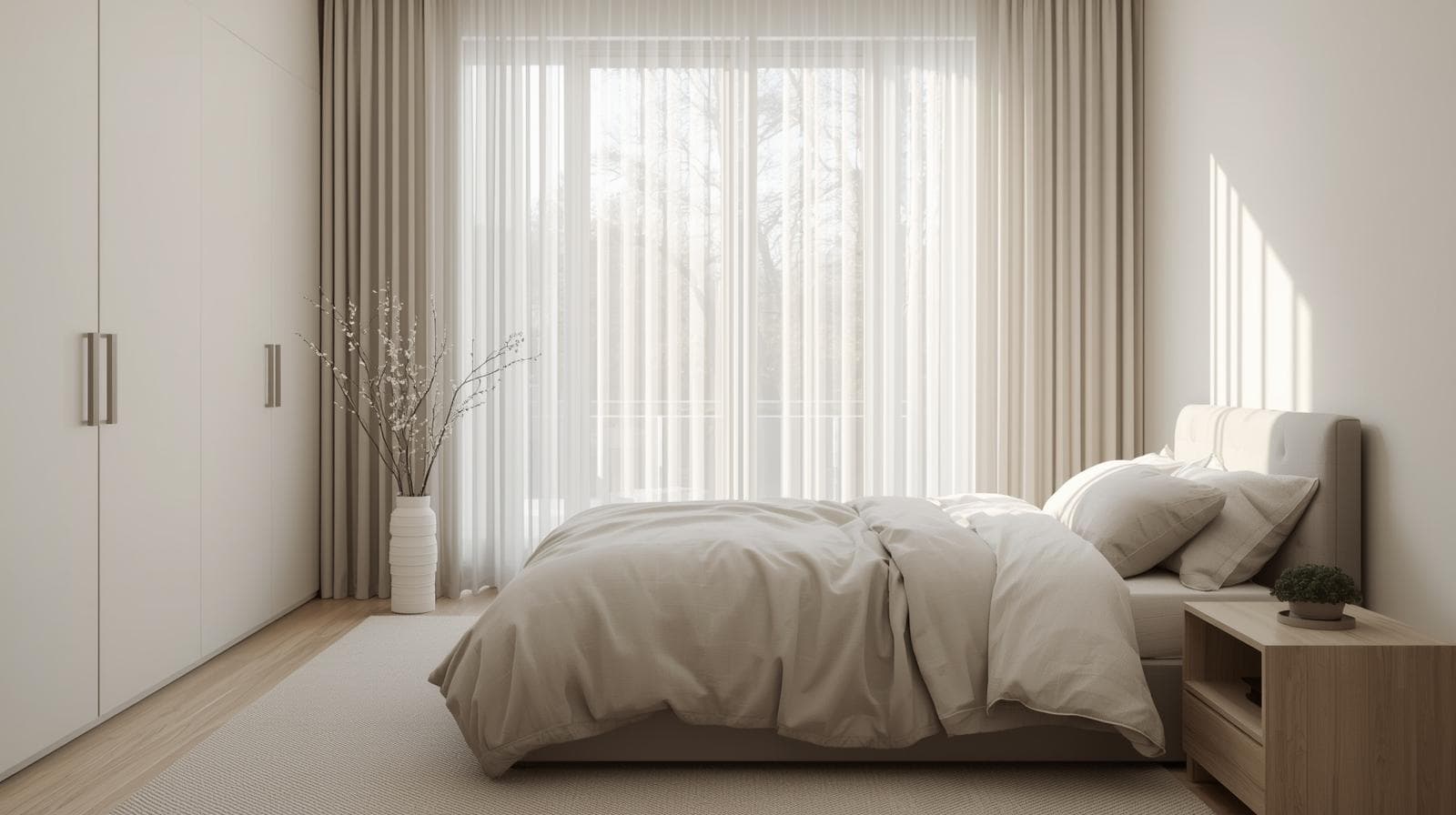 정리된 침실과 커튼이 있는 창문