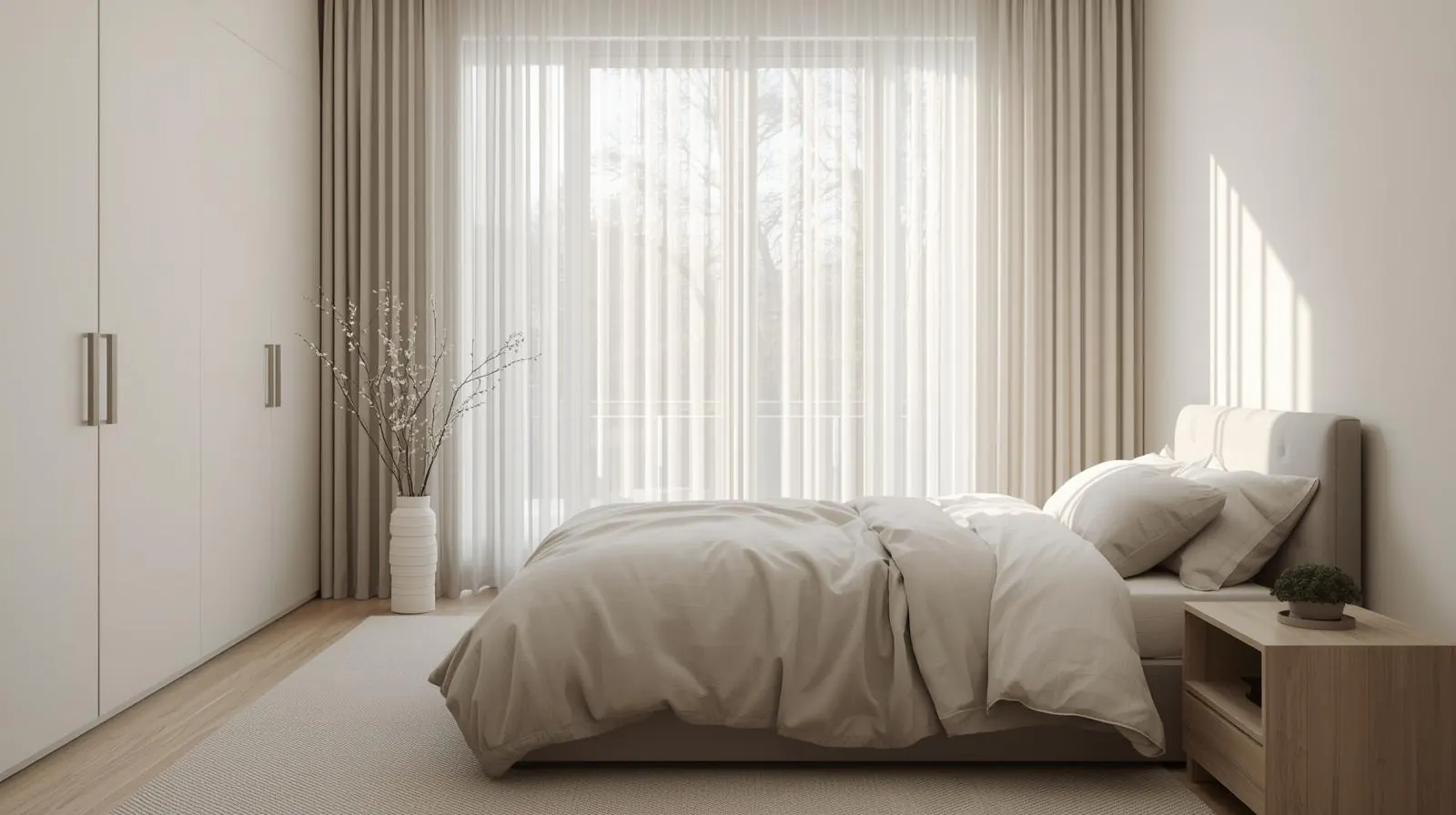 정리된 침실과 커튼이 있는 창문